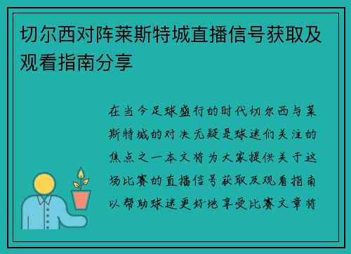 切尔西对阵莱斯特城直播信号获取及观看指南分享