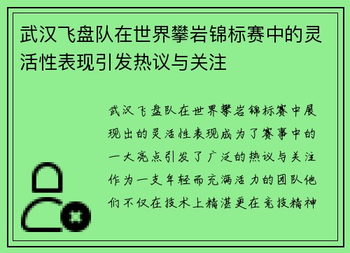 武汉飞盘队在世界攀岩锦标赛中的灵活性表现引发热议与关注