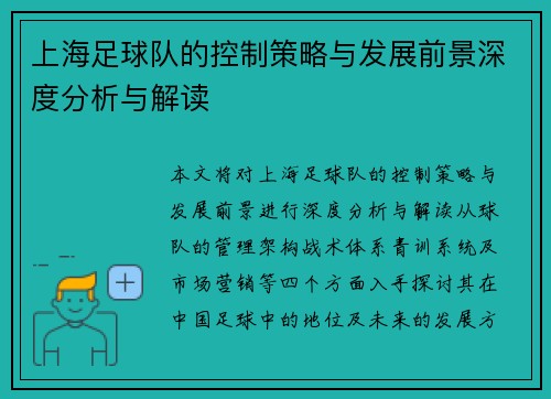 上海足球队的控制策略与发展前景深度分析与解读